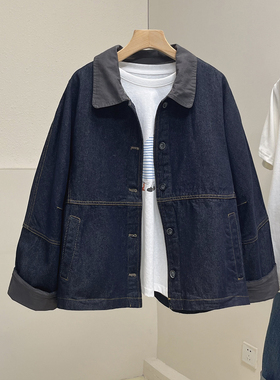 复古撞色翻领深蓝色牛仔外套女秋季韩系宽松休闲小个子夹克上衣