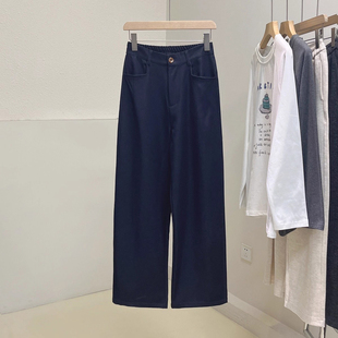 女秋高腰宽松显瘦阔腿长裤 直筒垂感软牛仔裤 复古蓝窄版 修腿神裤
