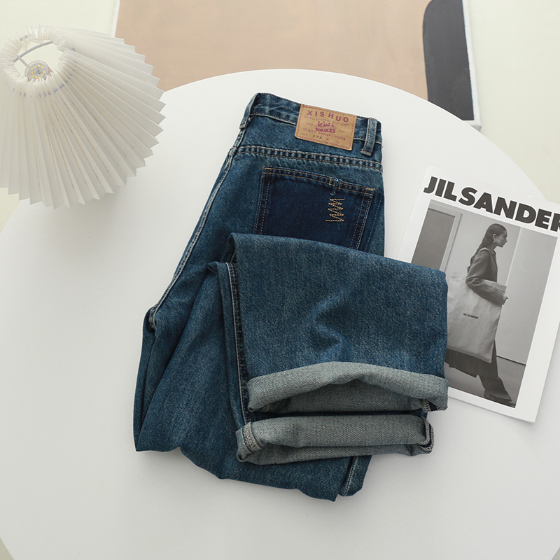 韩版复古百搭高腰牛仔裤女春季新款明线设计感大长腿阔腿休闲长裤