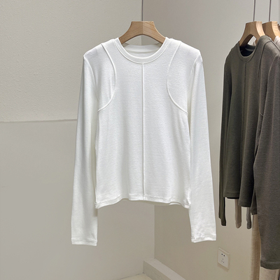 正肩中线设计感纯色长袖T恤女秋季基础款修身高弹力内搭打底衫