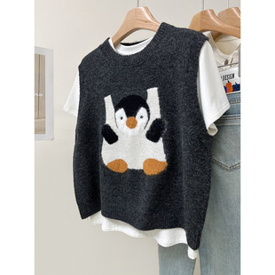 韩系减龄卡通提花圆领针织马甲女春秋叠穿无袖背心宽松短款毛衣