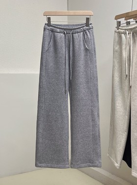 加绒加厚松紧高腰窄版阔腿裤女秋冬新款宽松直筒休闲裤显瘦长裤