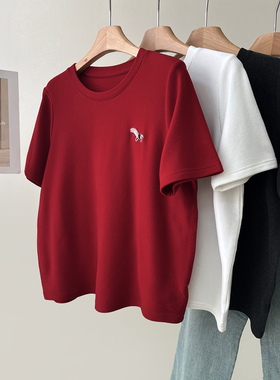 软糯磨毛加厚流苏小马刺绣圆领短袖T恤女早春百搭保暖打底衫上衣