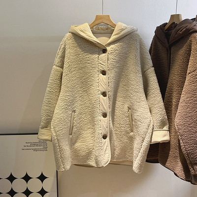 韩版羊羔毛绒长款连帽外套女秋冬加厚宽松皮毛一体拼接袖棉衣大衣