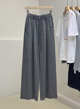 松弛感灰色细条纹阔腿裤女秋季百搭高腰垂感显瘦直筒休闲拖地长裤