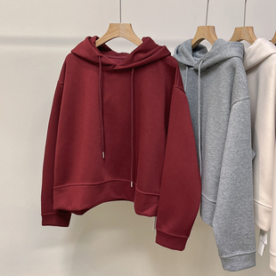 外套上衣 气短款 高克重纯色宽松复合连帽卫衣春秋慵懒插肩袖 百搭元