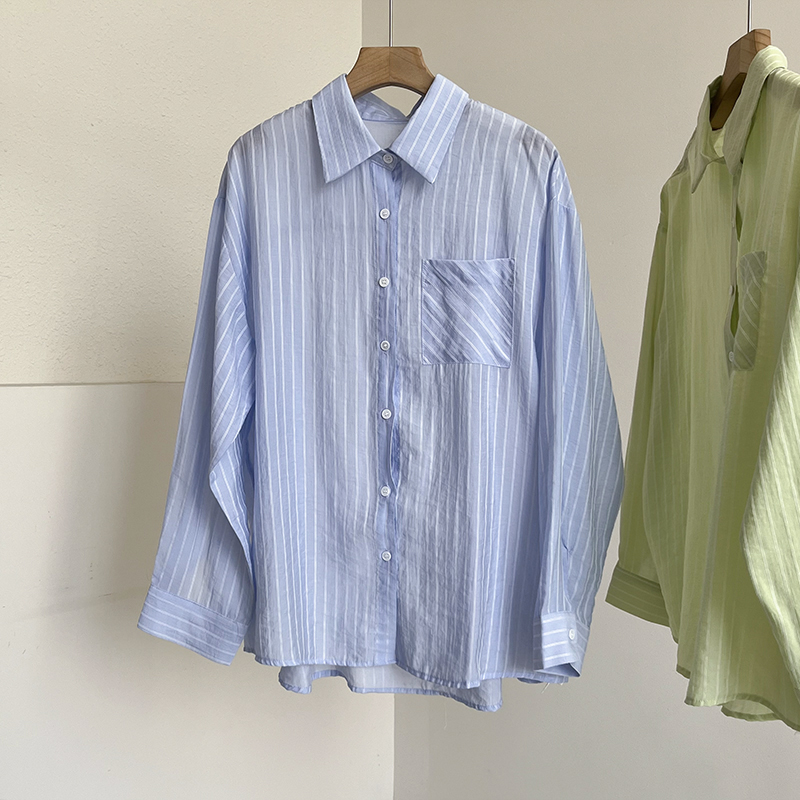 天丝竖条纹长袖衬衫女夏季新款超薄透视POLO翻领衬衣防晒外套夏