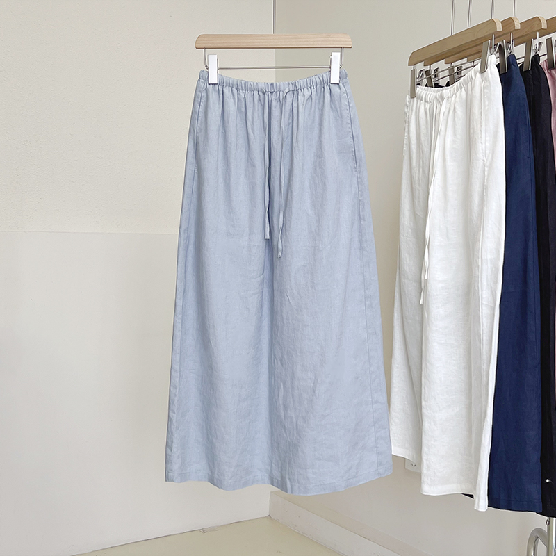 100%亚麻松紧腰半身裙女夏季百搭休闲气质老钱风简约开叉中长裙子