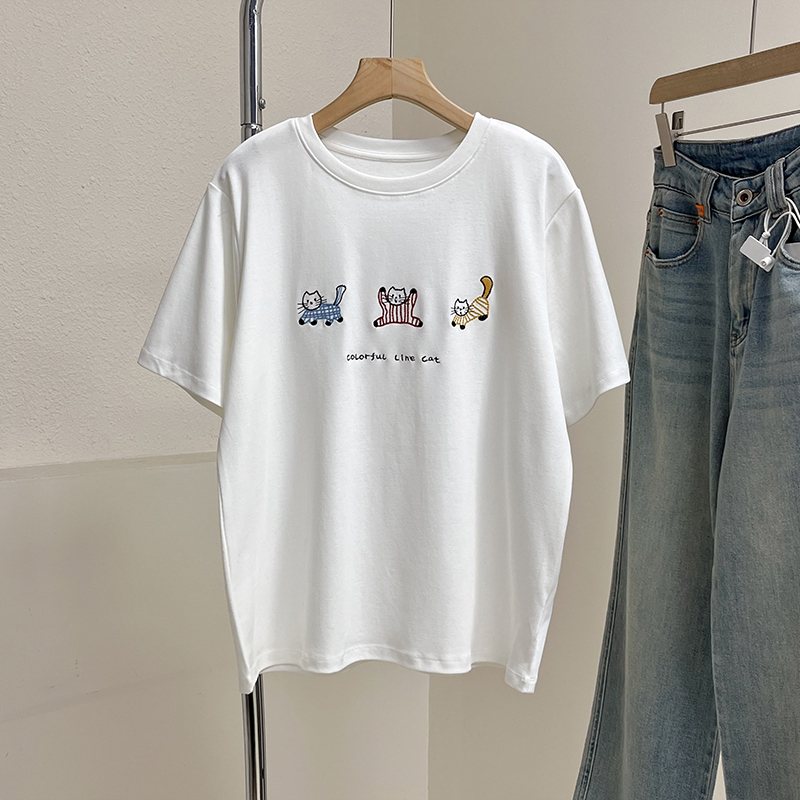 弹力棉猫咪刺绣短袖T恤女春夏新款显瘦半袖宽松百搭打底衫上衣