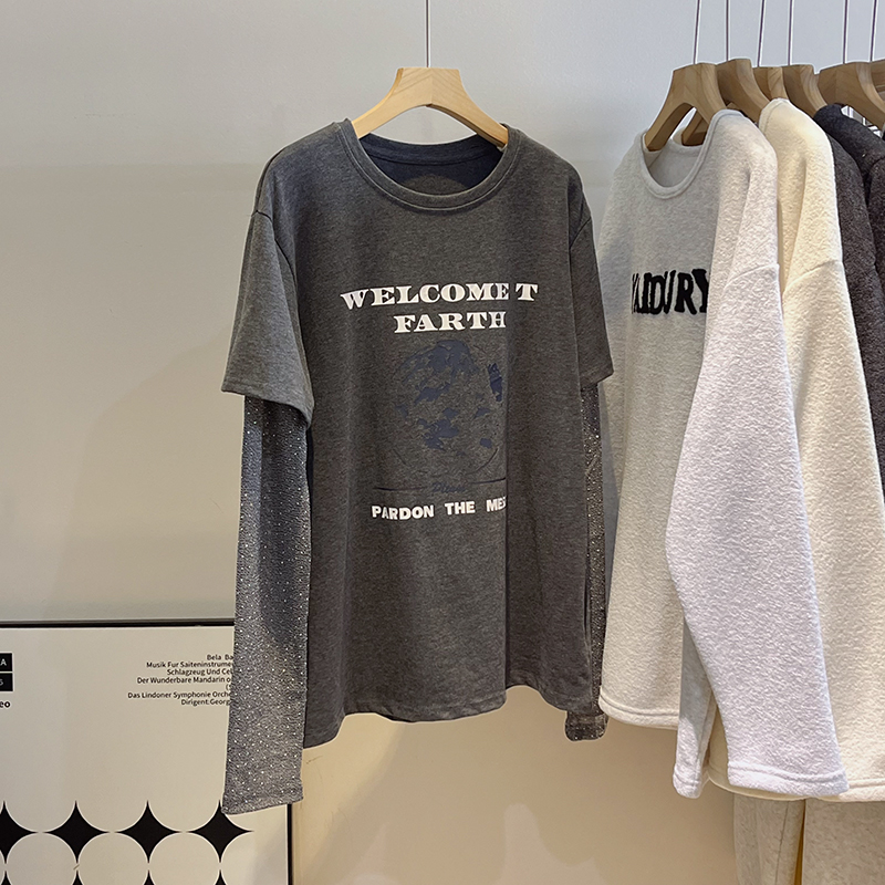 假两件纱袖星球印花长袖T恤女春季新款复古拼接设计感袖圆领上衣