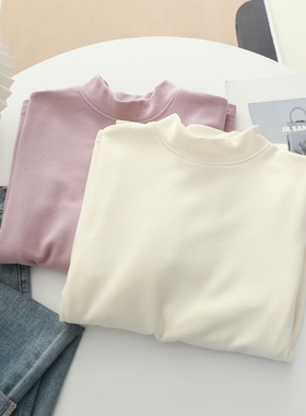 磨毛加厚柔软亲肤半高领长袖T恤女秋冬新款复古百搭上衣打底衫