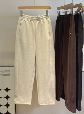 加绒~含羊毛贝壳扣直筒裤女秋冬韩版加厚设计感高腰香蕉裤弯刀裤