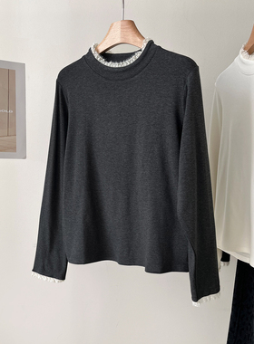 花边打底上衣冬季抓绒磨毛加厚长袖半高领保暖韩版气质内搭女T恤