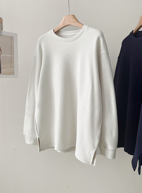 加厚保暖糯米绒长袖T恤女秋冬新款中长款垂感圆领纯色大版打底衫