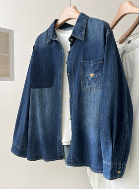 复古小马刺绣深蓝色牛仔衬衫女早春新款宽松休闲叠穿衬衣外套上衣