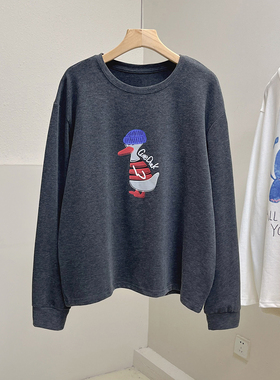 磨毛加厚软糯韩系百搭小鸭印花宽松显瘦灰色长袖打底衫T恤女上衣