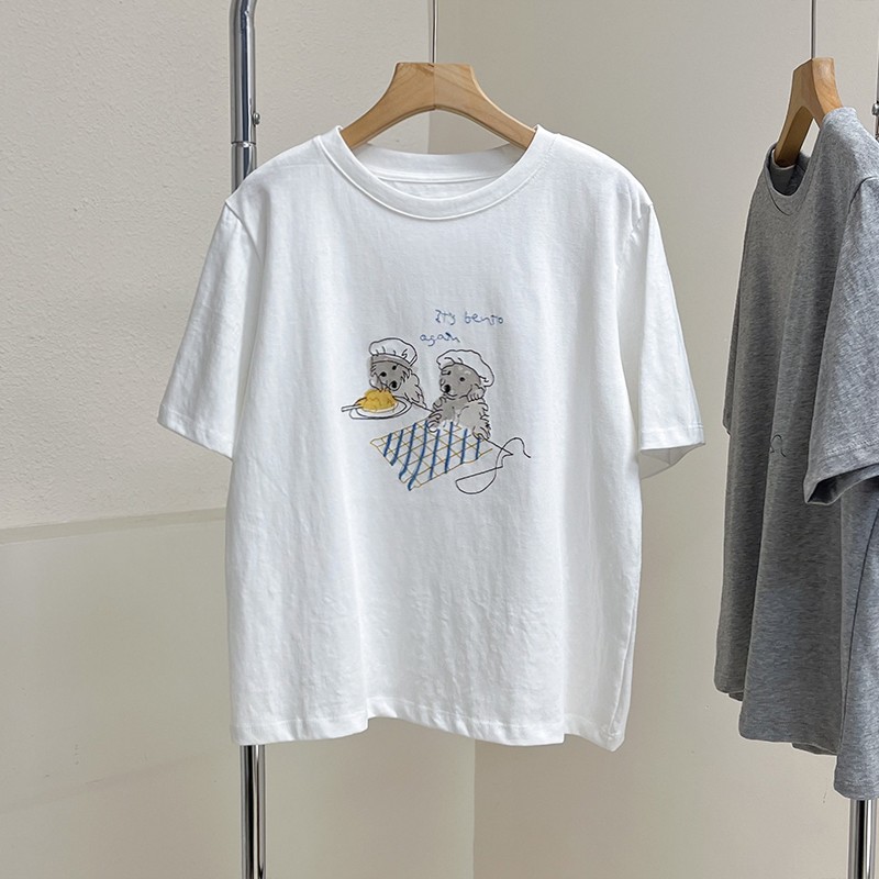 美食小狗刺绣tee！韩版卡通字母刺绣圆领宽松短袖T恤女显瘦上衣