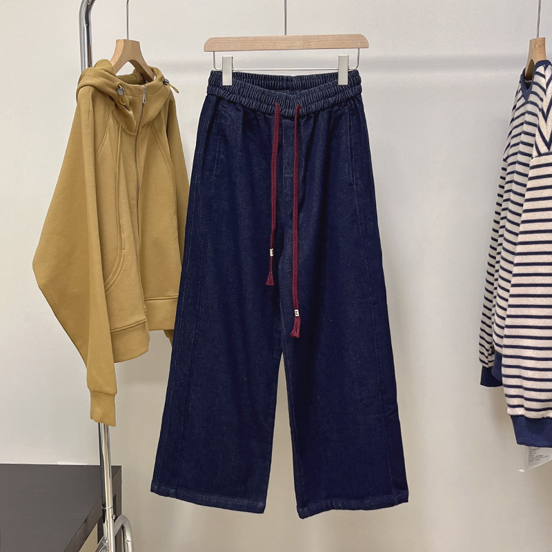 秋冬植绒加厚宽松阔腿裤牛仔裤