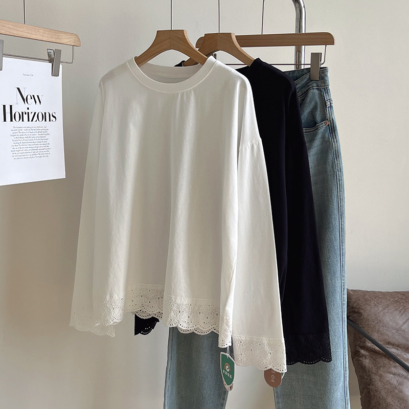 PP家 简约百搭设计感镂空花边拼接圆领长袖t恤女宽松显瘦打底上衣