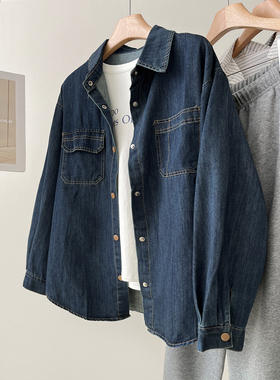韩版深蓝色牛仔衬衫女早春新款复古翻领单排扣长袖衬衣叠穿上衣