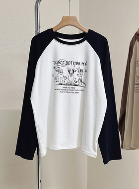 韩版印花插肩袖长袖T恤女慵懒风宽松显瘦弹力圆领休闲打底衫上衣