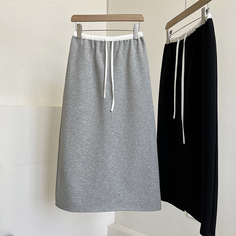撞色高腰抽绳直筒开叉半身裙女气质韩版宽松显瘦垂感卫衣裙春夏款