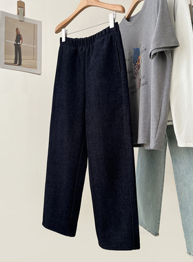 加绒加厚莱赛尔雪绒复古直筒牛仔裤女冬季高腰显瘦宽松休闲长裤