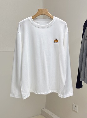 磨毛棉质韩版南瓜刺绣圆领长袖T恤女秋冬宽松显瘦百搭白色打底衫