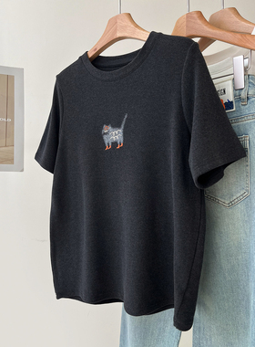 磨毛加厚猫咪刺绣抓绒短袖T恤女早春新款宽松显瘦正肩打底衫上衣