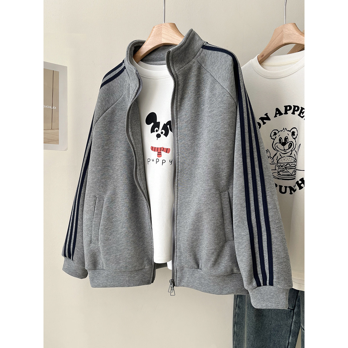 韩版加绒加厚三条杠拉链开衫卫衣女秋冬百搭宽松休闲立领外套上衣