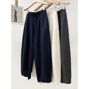 宽松显瘦直筒休闲裤 新款 女春季 羊毛垂感抽绳束脚口两穿高腰阔腿裤