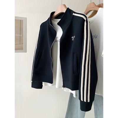 织带撞色杠条立领拉链衫夹克女春季新款休闲卫衣棒球服外套上衣