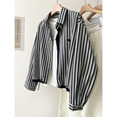 韩版 刺绣抽绳短外套上衣 女春季 复古竖条纹翻领双色织长袖 牛仔衬衫