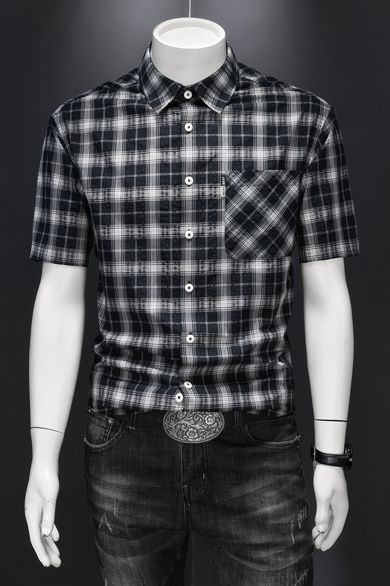 2025夏季男装短袖格子衬衫四季个性打底衫85026/p110，男装衬衫，电商D222