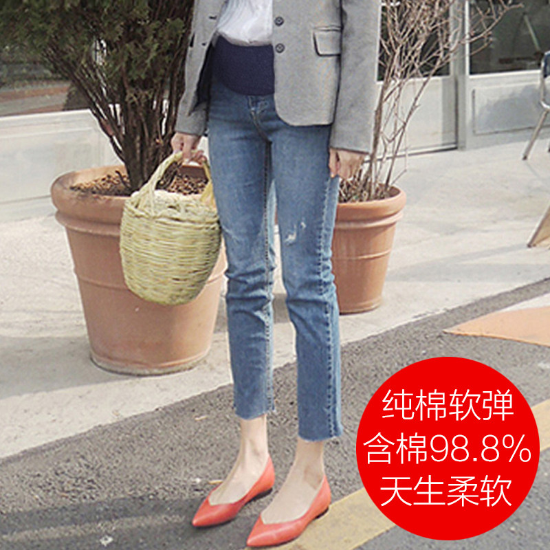 孕妇牛仔裤春夏薄款2020新款纯棉毛边直筒加大码八分外穿托腹裤子