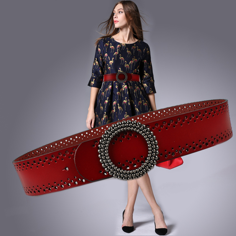复古圆扣真皮宽腰带女士连衣裙镂空装饰皮带女简约百搭纯牛皮腰封