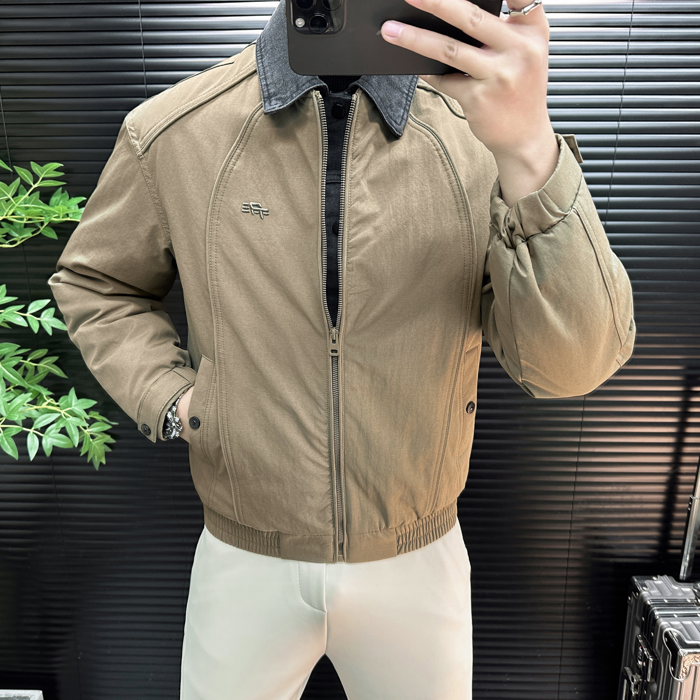 高端美式复古牛仔拼接翻领棉衣男