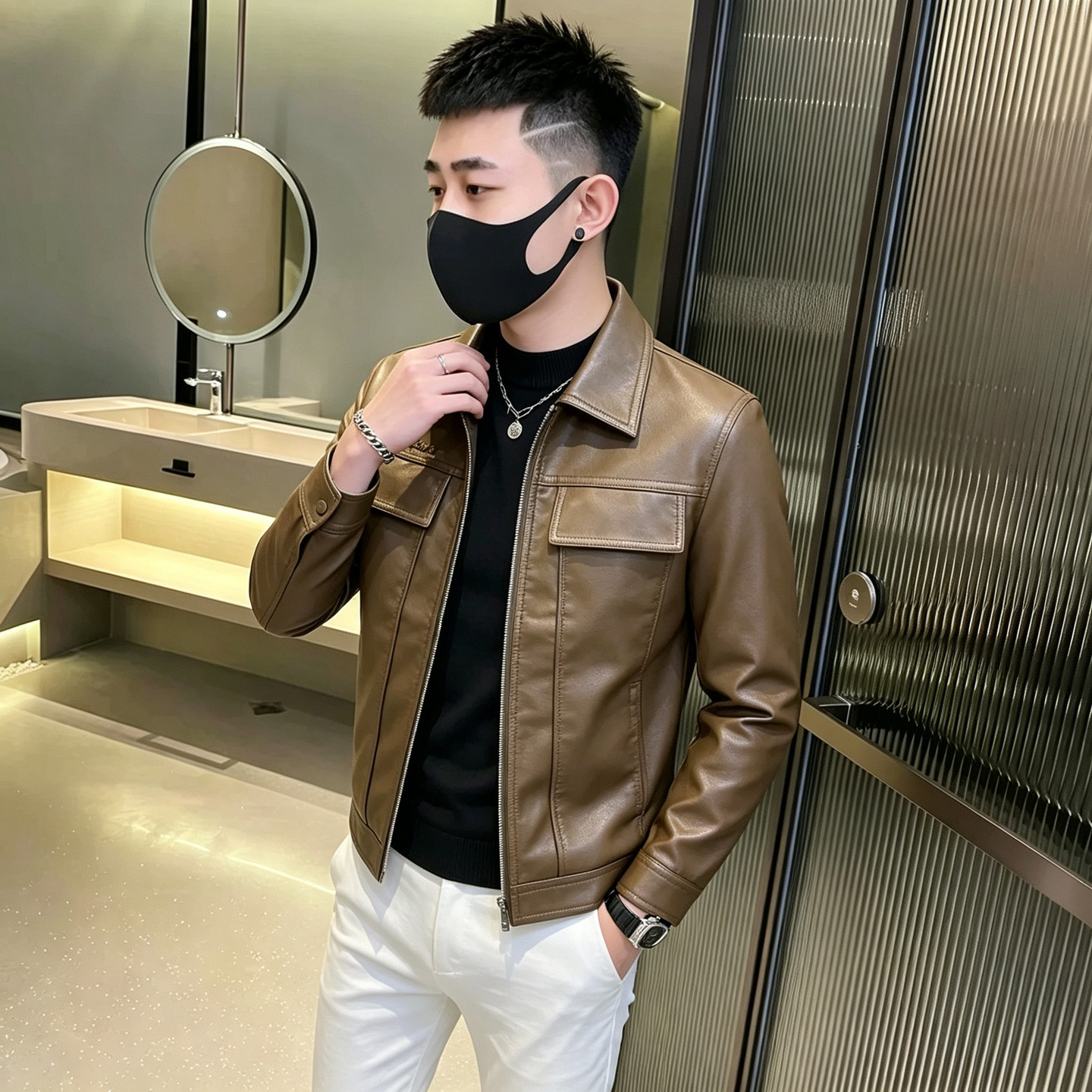 秋冬时尚潮流翻领PU皮夹克男士外套青年痞帅潮流短款韩版修身皮衣