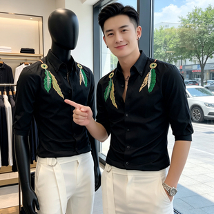 轻奢夏季时尚刺绣衬衫男七分袖修身小版中袖潮男痞帅韩版潮流衬衣