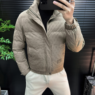男士立领短款棉衣冬季修身暗花设计感保暖外套潮牌石墨烯云绒棉服