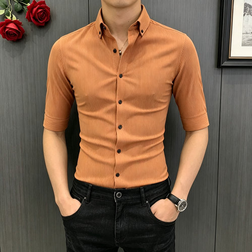 夏季薄款男士衬衫韩版修身免烫衬衣帅气五分袖衬衣条纹半袖寸衣潮