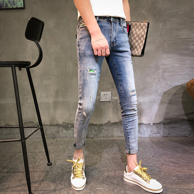 破洞九分裤牛仔裤修身小脚裤子