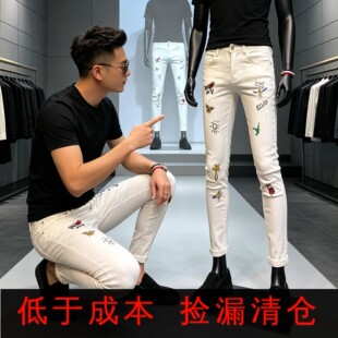 休闲春夏季刺绣牛仔裤修身小直筒男裤小脚裤潮牌设计感小众牛子裤