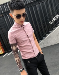 夏装 新款条纹亚麻修身男士短袖衬衫 潮英伦短袖衬衣帅气雅痞寸衫