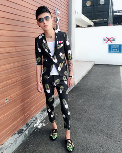 断码印花小西装男开衩夏季潮流夜店修身中袖西服套装男发型师