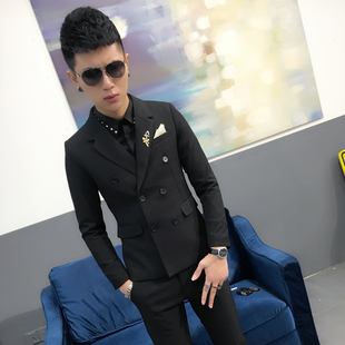 双排扣西服夜店发型师潮男小西装 男士 休闲潮修身 韩版 单西外套 新款