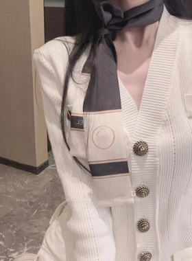 LXYG法式小香风丝巾V领针织开衫女修身显瘦毛衣外套气质短款上衣
