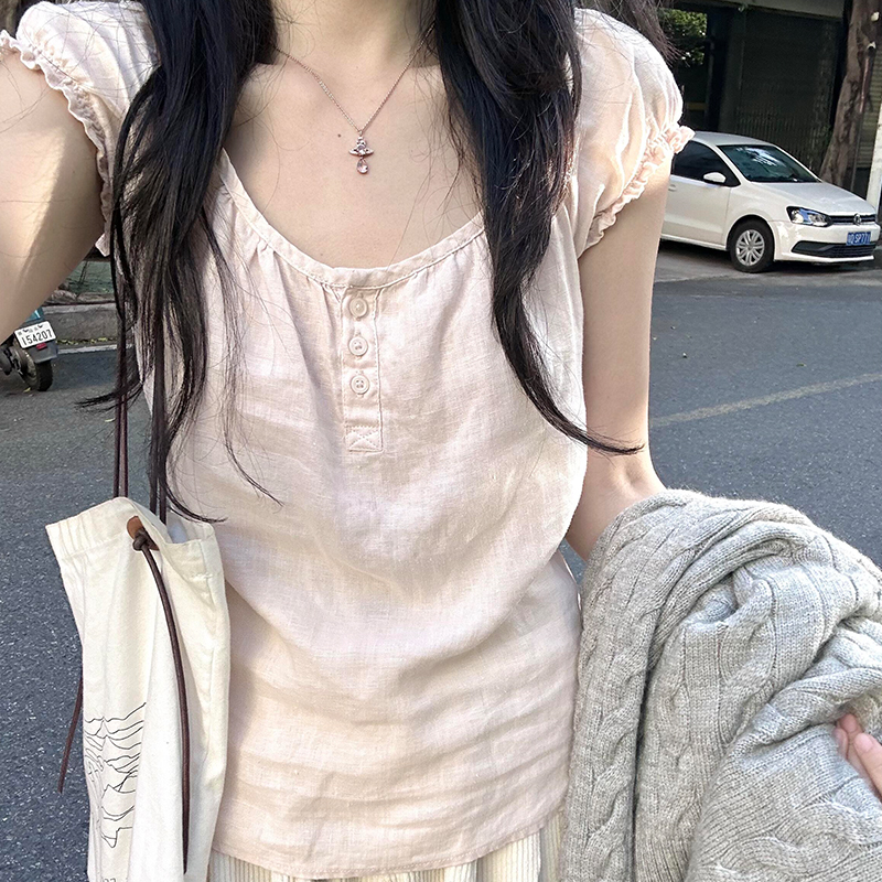 BM浅粉色亚麻木耳边泡泡袖T恤女