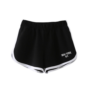 美式 子纽约刺绣热裤 复古休闲百搭运动裤 显瘦裤 女 bm风短裤 黑色短裤