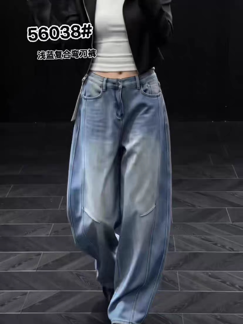 56038加绒弯刀裤女~露迪安琪冬季新款加肥加大宽松百搭牛仔裤女